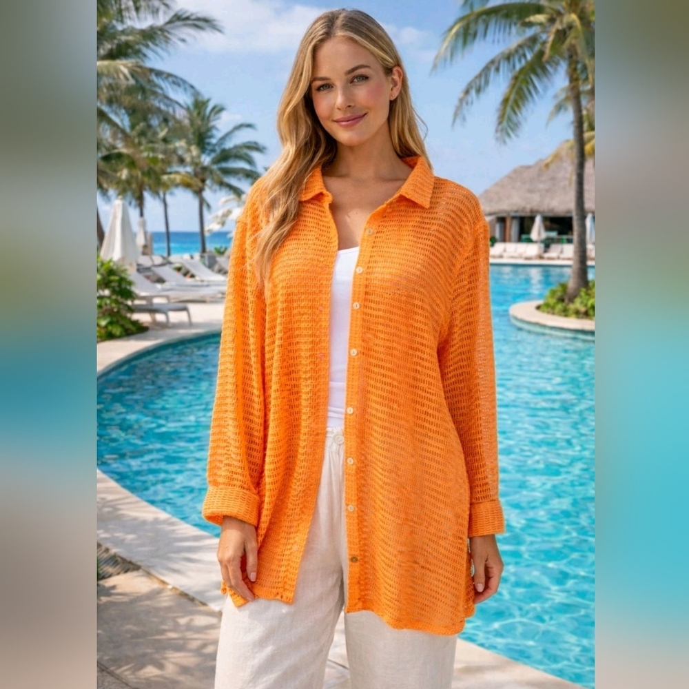 Haute Hippie Orange Open Crochet Knit Button-Up Tunic Size XL EUC Resortwear